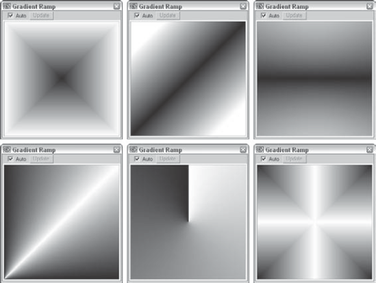 The Gradient Ramp map offers several different gradient types, including (from top left to bottom right) Box, Diagonal, Normal, Pong, Spiral, and Tartan.