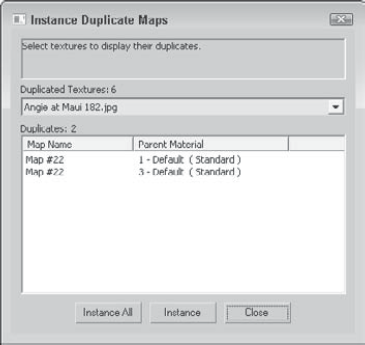 The Instance Duplicate Maps dialog box lets you consolidate maps into a single instance.