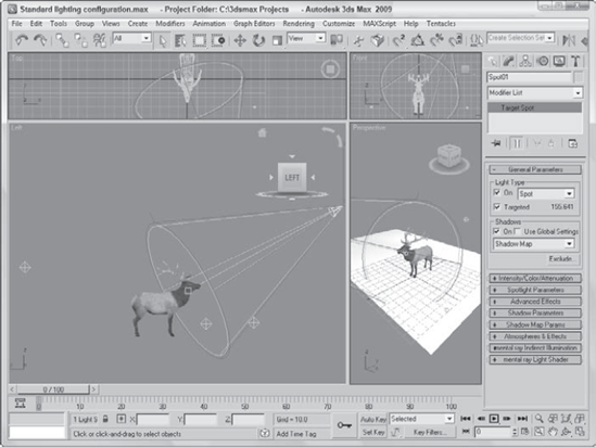 A standard lighting model includes a key light, two secondary lights, and a backlight.