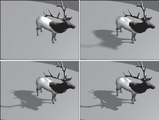 Images rendered with different shadow types, including no shadow (upper left), Area Shadows (upper right), a Shadow Map (lower left), and Advanced Raytraced Shadows (lower right)