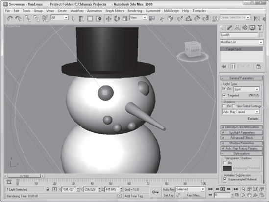 The snowman, after the lights have been automatically repositioned using the Place Highlights command