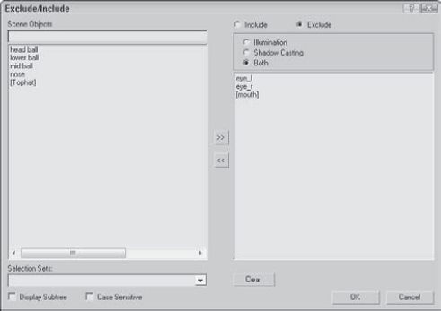 The Exclude/Include dialog box lets you set which objects are excluded or included from being illuminated.