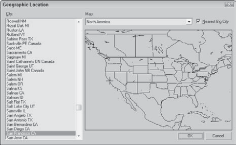 The Geographic Location dialog box lets you specify where you want to use the Sunlight system. You have many different cities to choose from.