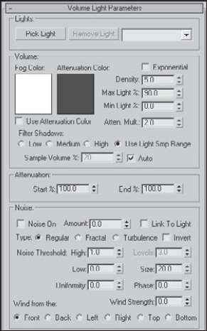 The Volume Light Parameters rollout in the Environment dialog box lets you choose which lights to include in the effect.