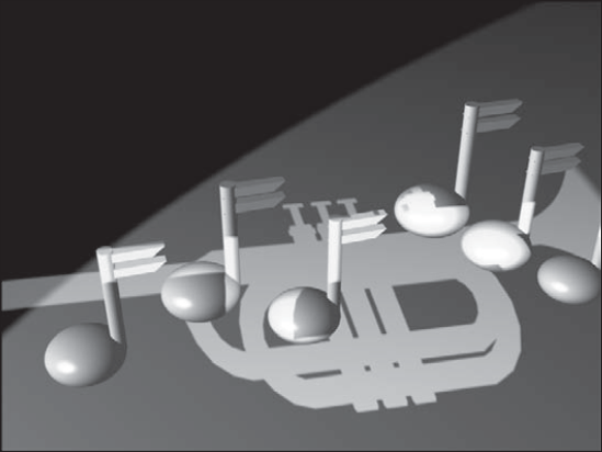 You can use projection maps to project an image in the scene, like this trumpet.