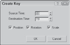 The Create Key dialog box enables you to create a Position, Rotation, or Scale key quickly.