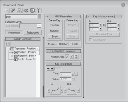The Parameters section of the Motion panel lets you assign controllers and create keys.