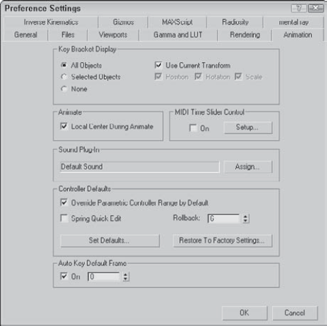 The Animation panel includes settings for displaying Key Brackets.