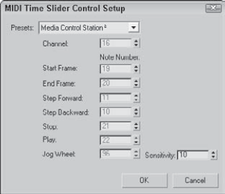 The MIDI Time Slider Control Setup dialog box lets you set up specific notes to start, stop, and step through an animation.