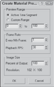 The Create Material Preview dialog box can render the entire range of frames or a select number of frames.