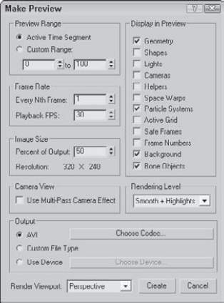The Make Preview dialog box lets you specify the range, size, and output of a preview file.