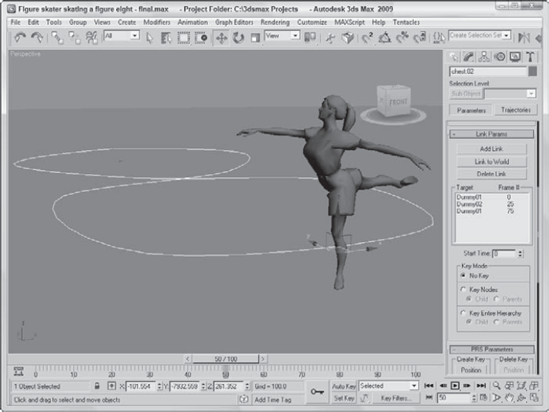 With the Link constraint, the figure skater can move in a figure eight by rotating about two dummy objects.