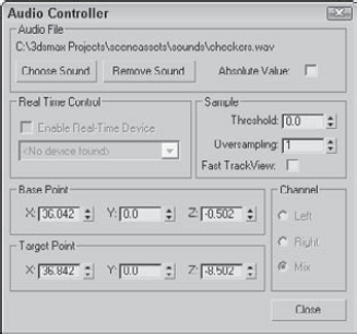 The Audio Controller dialog box lets you change values based on the amplitude of a sound file.