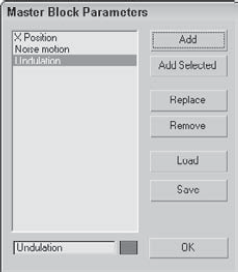 The Master Block Parameters dialog box lists all the tracks applied to a Block controller.