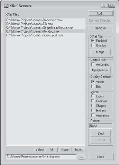 The XRef Scenes dialog box lets you specify which scenes to load as external references.