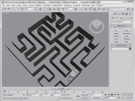 The maze.max file loaded into the current file as an XRef scene