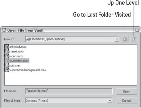 The Open File from Vault dialog box lists the available Vault files.