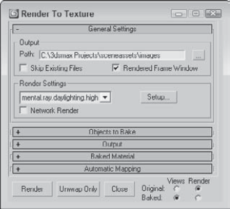 The General Settings rollout of the Render to Textures panel includes settings for all objects.