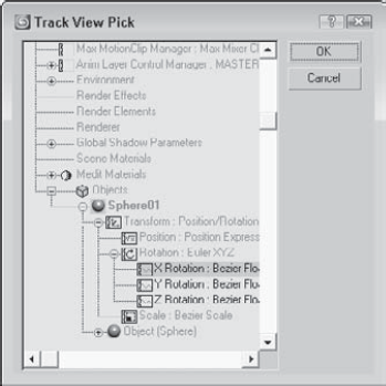 The Track View Pick dialog box displays all the tracks for the scene. Tracks that you can select are displayed in black.