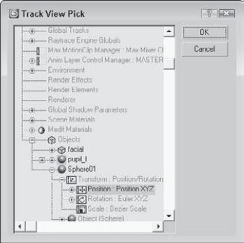 Select the Position track for the Sphere01 object in the Track View Pick dialog box.