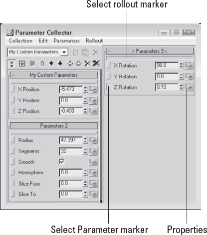 The Parameter Collector dialog box is used to gather several different parameters into a custom rollout.