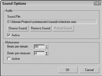 The Sound Options dialog box lets you select a sound to play during the animation.