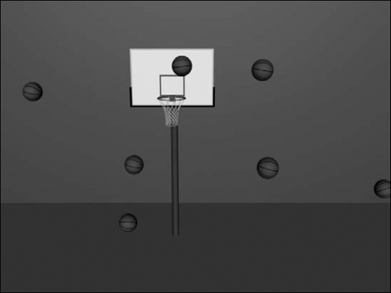Multiple basketball particles flying around a hoop