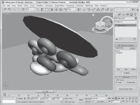 Animating these falling donuts, simulated as soft body objects, was easy with reactor.