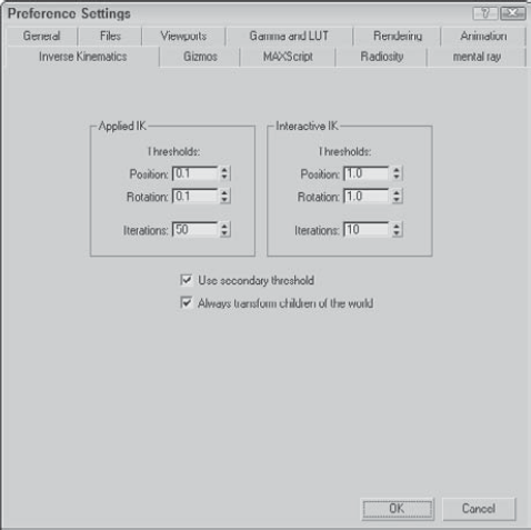 The Inverse Kinematics panel of the Preference Settings dialog box lets you set the global Threshold values.