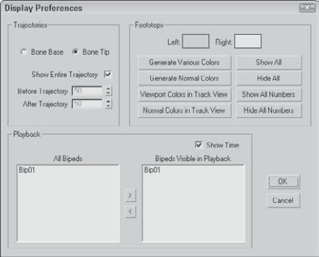 The Display Preferences dialog box lets you set the options for displaying biped elements.