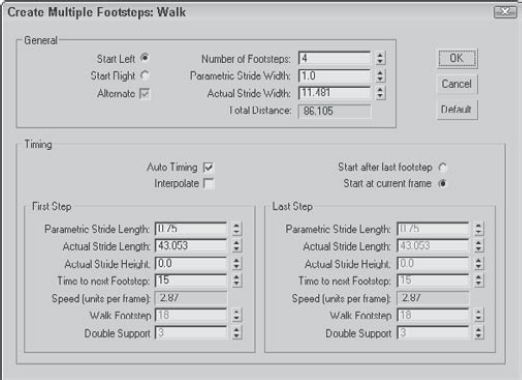 The Create Multiple Footsteps dialog box lets you specify details such as Stride Length.