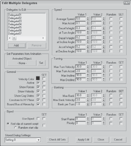 The Edit Multiple Delegates dialog box lets you quickly set the parameters of multiple delegates.