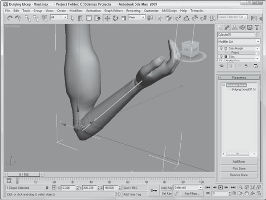 Using the Skin Morph, you can set a muscle to bulge as the forearm is rotated.