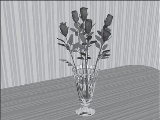 A rendered image with raytrace materials applied to the vase and table
