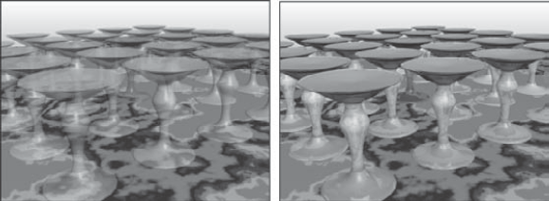This simple scene of crystal birdbaths was rendered without raytracing (left) and with raytracing (right).