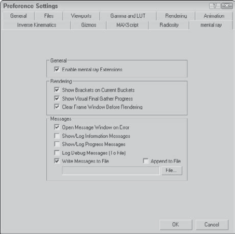 The Preference Settings dialog box includes a panel of mental ray settings.