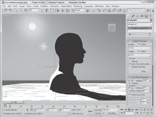 The Sun & Sky system can be viewed and interactively updated in the viewport.