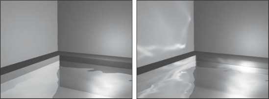 This indoor swimming pool scene is rendered without caustics (left) and with caustics (right).