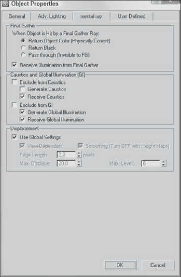The Object Properties dialog box includes options for generating and receiving caustics and global illumination.