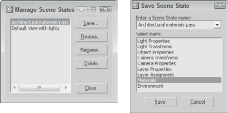 The Manage Scene States and Save Scene State dialog boxes let you define which properties to save as a state that can be recalled for a batch render task.