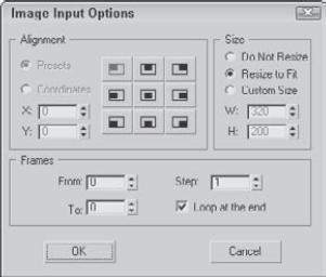 The Image Input Options dialog box lets you align and set the size of the image.