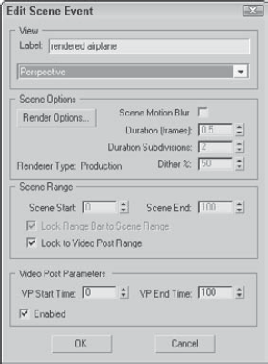 The Add Scene Event dialog box lets you specify which viewport to use to render your scene.