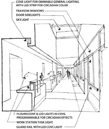 Sectional Perspective of Nursing Stations at Corridor