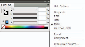 Different color models within the Color panel pop-up menu.