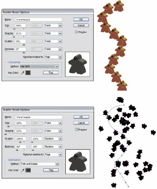 Two versions of the Scatter Brush Options dialog box and the artwork resulting from those options.