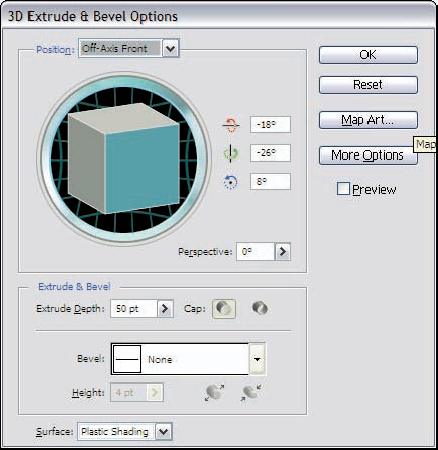 The 3D Extrude & Bevel dialog box is ironically presented to you in 2D.