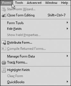 The Forms menu commands available in Form Editing Mode.