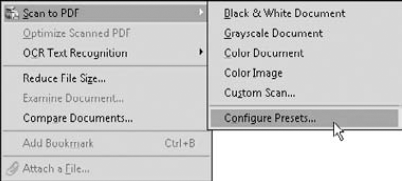 Choose DocumentScan to PDF to open the submenu where the preset commands are listed.