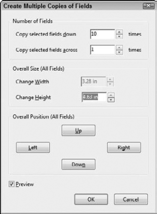 Make choices about how many columns or rows to create in the Create Multiple Copies of Fields dialog box.