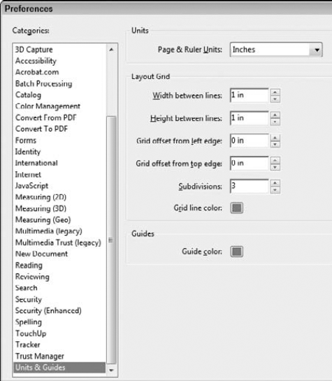 Open the Preferences dialog box and click Units & Guides to display options for creating a custom grid.